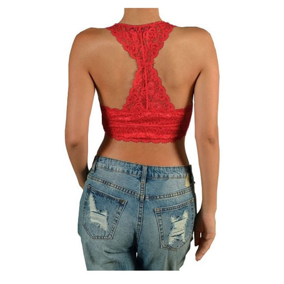 Racerback Halter Lace Bralette - One Size, Red - Picture 8 of 8